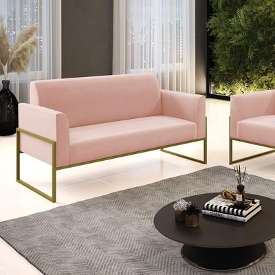 Sofá Namoradeira Base Industrial Alta Dourado Marisa Veludo Rosê