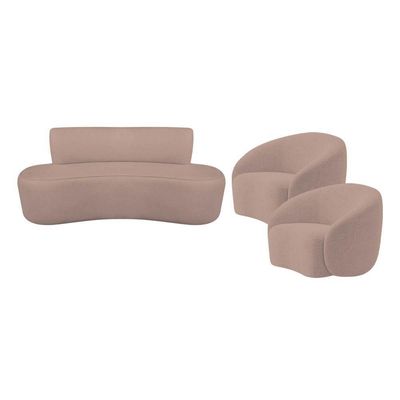 Kit Recamier Curvo Amsterdã 200cm E 2 Poltronas Amore Luxo Linho Cor Rosê
