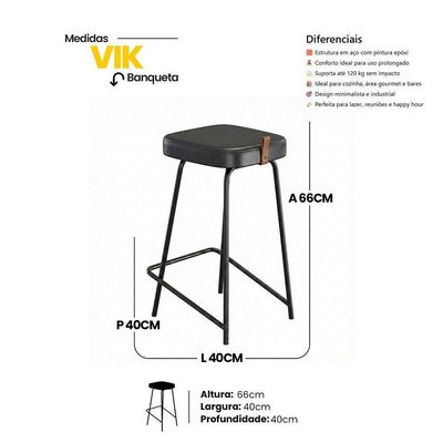 Banqueta Média Para Cozinha Vik Estofada Couríssimo Preto - Desk Design
