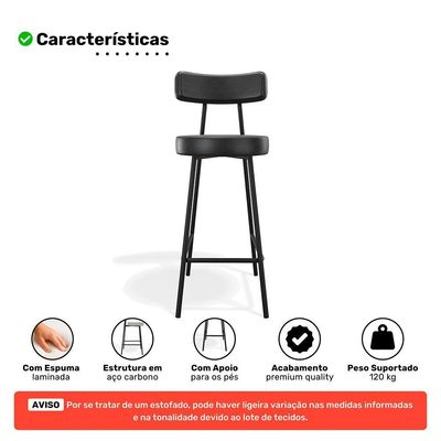 Banqueta Alta Cozinha Kobe Estofada Com Encosto Couríssimo Preto - Desk Design