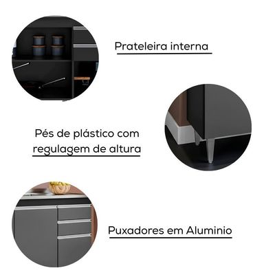 Balcao Para Pia 3 Portas 2 Gavetas Melissa 120 Cm Preto Grafite