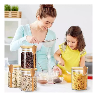 Pote de Vidro 250 mL com Tampa Hermética de Bambu e Colher - Para Temperos e Cereais