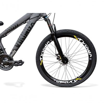 Bicicleta aro26 Vikingx Tuff Câmbios Shimano 21v Freeride FreioDisco aroVmaxx Pneu Flame CinzaPreto