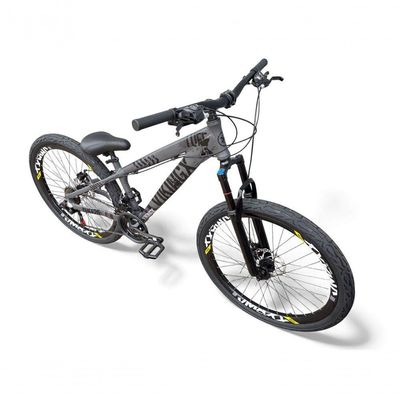 Bicicleta aro26 Vikingx Tuff Câmbios Shimano 21v Freeride FreioDisco aroVmaxx Pneu Flame CinzaPreto
