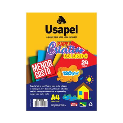 Bloco Criativo Usapel A4 com 24 Folhas em 8 Cores 210x297mm 120g UNICA