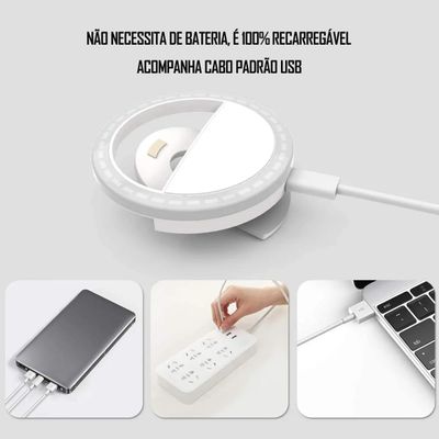 Luz de Selfie Recarregável 9 cm com Clipe para Celular e 3 Modos de Iluminação