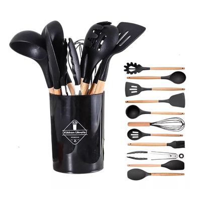 Kit Utensílios Cozinha 12 Peças com Suporte em Cilindro e Silicone Resistente 230C