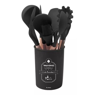 Kit Utensílios Cozinha 12 Peças com Suporte em Cilindro e Silicone Resistente 230C