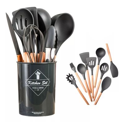 Kit Utensílios Cozinha 12 Peças com Suporte em Cilindro e Silicone Resistente 230C