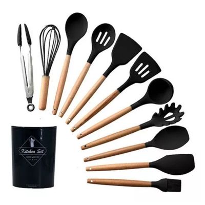 Kit Utensílios Cozinha 12 Peças com Suporte em Cilindro e Silicone Resistente 230C