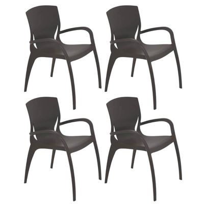 Jogo 4 Cadeiras Plásticas Marrom Com Braços Tramontina Summa Clarice 60x59cm Uso Interno Externo