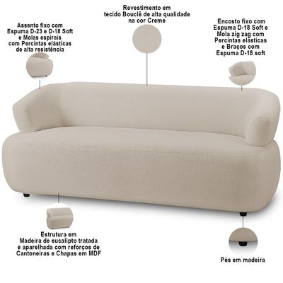Sofá 3 Lugares Orgânico Para Sala Living 198cm Florea M05 Bouclê Creme - Lyam Decor