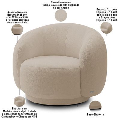 Poltrona Giratória Orgânica Para Sala Living Elodie M05 Bouclê Creme - Lyam Decor