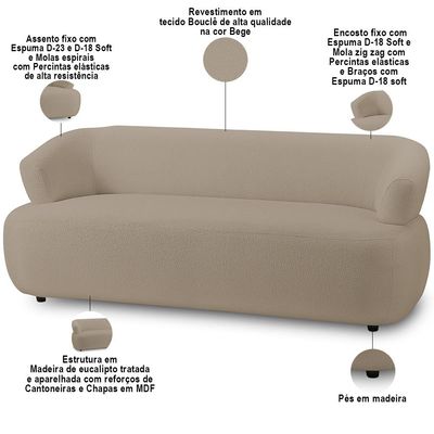 Sofá 3 Lugares Orgânico Para Sala Living 198cm Florea M05 Bouclê Bege - Lyam Decor