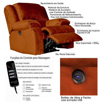 Poltrona do Papai Reclinável Massageadora Elétrica com USB Simon F05 Veludo Terracota - Lyam Decor