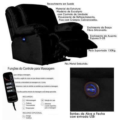 Poltrona do Papai Reclinável Massageadora Elétrica com USB Simon F05 Veludo Preto - Lyam Decor