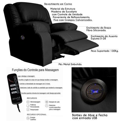 Poltrona do Papai Reclinável Massageadora Elétrica com USB Simon F05 Corano Preto - Lyam Decor