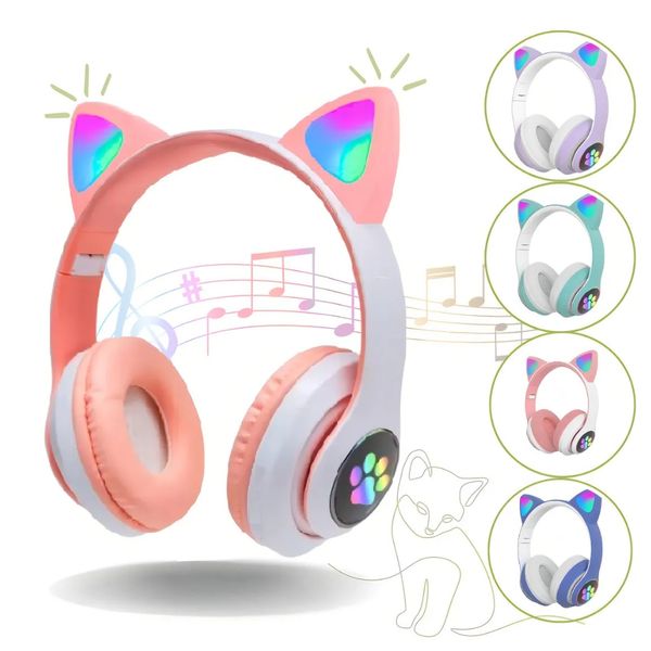 Fone de Ouvido LED Gamer Gatinho Sem Fio Microfone Rosa