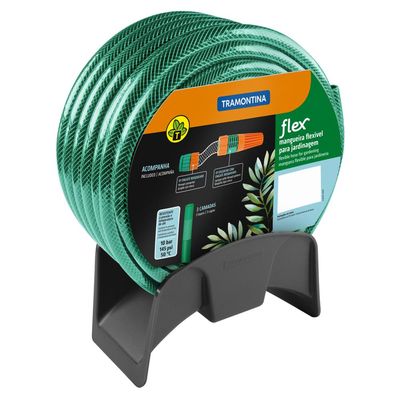 Mangueira Flex Tramontina Verde em PVC 3 Camadas 20 m com Engates Rosqueados, Esguicho e Suporte Mural