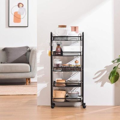 Carrinho Organizador Grande Preto Com 5 Prateleiras Em Aço – Multiuso Para Casa, Escritório E Salão