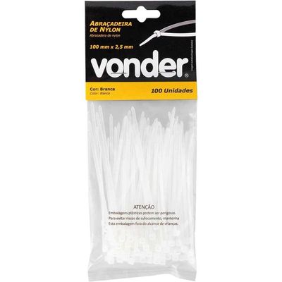 Abraçadeira De Nylon, Branca, 100 Mm X 2,5 Mm, Com 100 Peças, Vonder