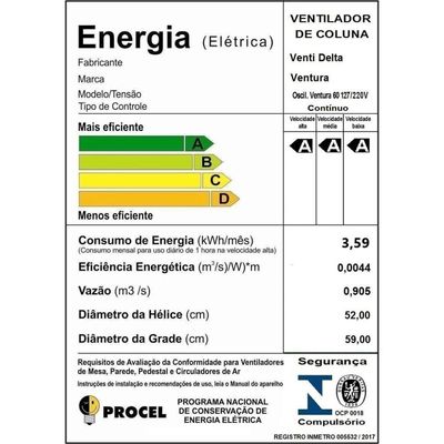 Ventilador De Coluna Ventura Oscilante 60cm Branco 150 Watts Venti-Delta Bivolt