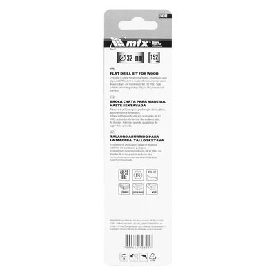 Broca Chata Madeira 32mm 150mm Mtx 704249 Aço 45