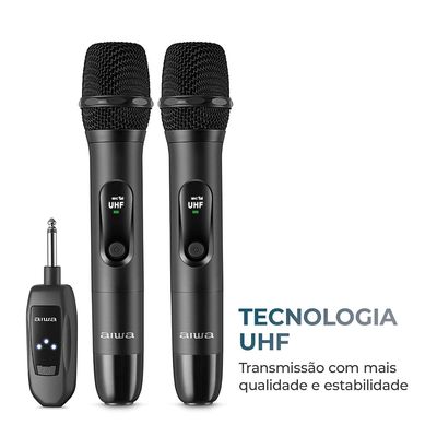 Microfone Sem Fio Aiwa AWS-MIC-01 Duplo - Dinâmico para Karaokê com 10h de Bateria Bivolt