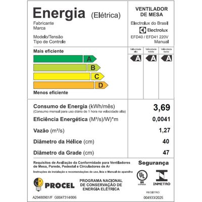 Ventilador de Mesa Electrolux 40cm 6 Pás Efficient DuoForce Air+ Cinza (EFD40) 127V