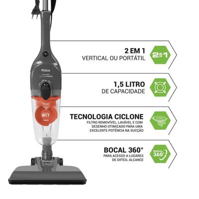 Aspirador de Pó Vertical Philco Ciclone 2 em 1 1400W PAS1550C 220V