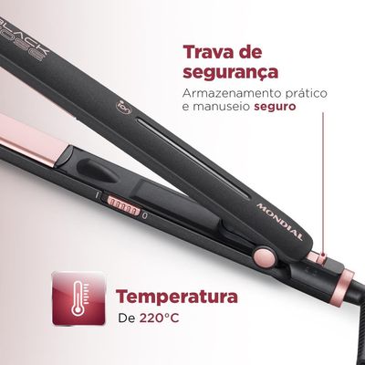 Chapinha | Prancha Mondial P-27 com Chapas de Cerâmica 220°C com Emissão de Íons Black Rose - Bivolt