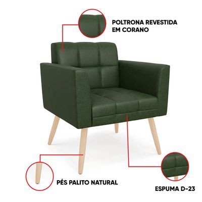 Poltrona Sala Decorativa Kit 2 Elisa Pé Palito Castanho Sintético PU Verde D03 - D'Rossi