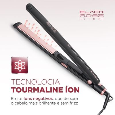 Chapinha | Prancha Mondial P-27 com Chapas de Cerâmica 220°C com Emissão de Íons Black Rose - Bivolt
