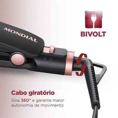 Chapinha | Prancha Mondial P-27 com Chapas de Cerâmica 220°C com Emissão de Íons Black Rose - Bivolt