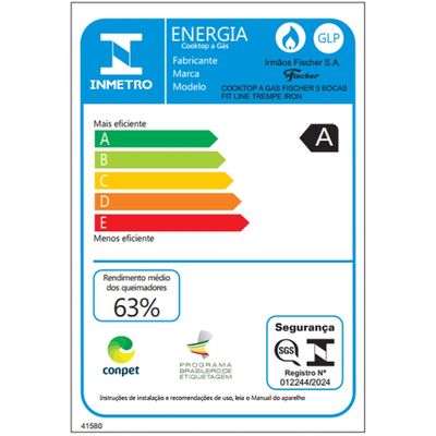 Cooktop a Gás 5 Bocas Fischer Fit Line Trempe Iron Preto Bivolt