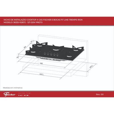 Cooktop a Gás 5 Bocas Fischer Fit Line Trempe Iron Preto Bivolt