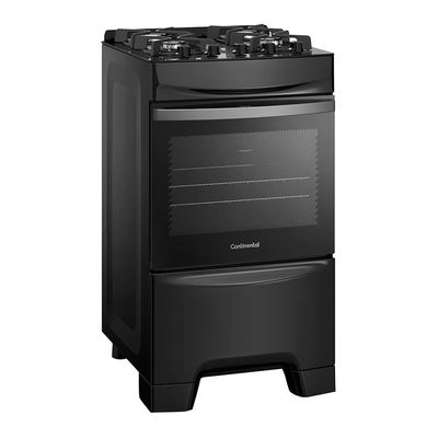 Fogão Continental 4 Bocas FC4GB Preto com Mesa de Vidro, Forno Eco Turbo e Grades de Ferro Fundido  Bivolt