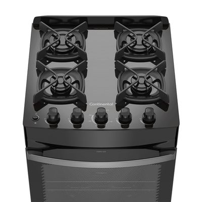 Fogão Continental 4 Bocas FC4GB Preto com Mesa de Vidro, Forno Eco Turbo e Grades de Ferro Fundido  Bivolt