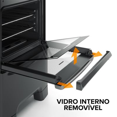 Fogão Continental 4 Bocas FC4GB Preto com Mesa de Vidro, Forno Eco Turbo e Grades de Ferro Fundido  Bivolt