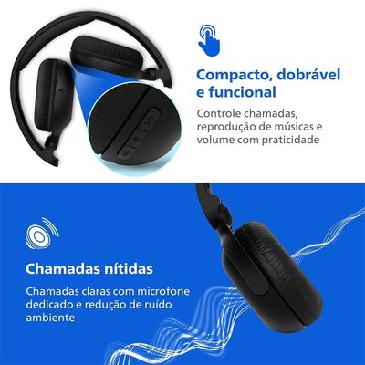 Fone de Ouvido Philips TAH2209BK/00 Headphone Bluetooth 25h Bateria Dobrável Preto