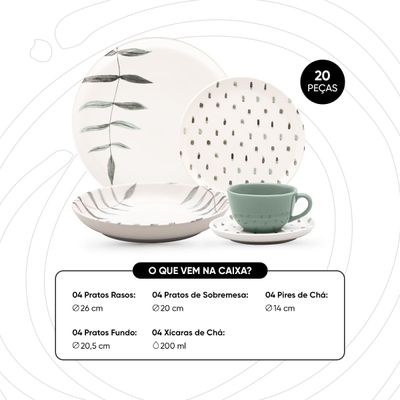 Aparelho de Jantar Oxford Samambaia 20 Peças Cerâmica Esmaltada Verde e Off White