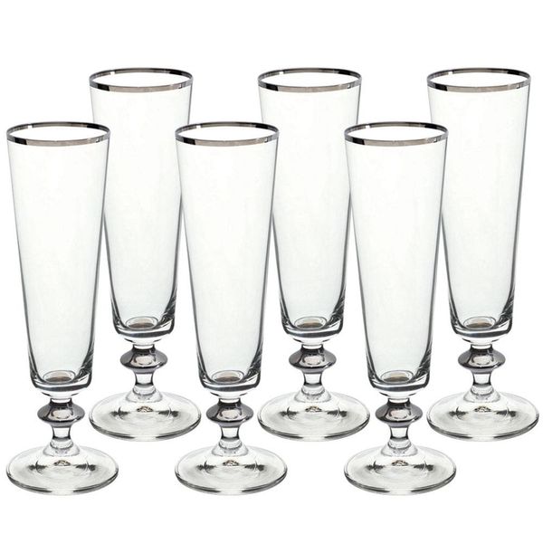 Conjunto de Taças para Champanhe Bohemia Bella Decorada 205 ml em Cristal Ecológico Platinum Rim – 6 Peças