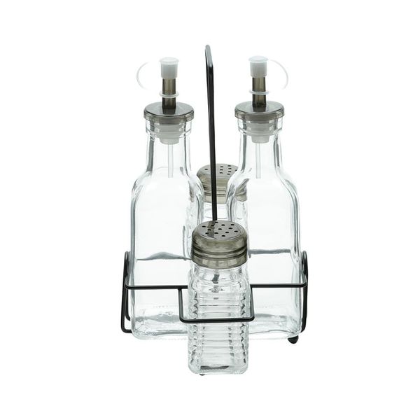 Conjunto Galheteiro de Vidro Lyor 4 Peças com Suporte de Metal Transparente