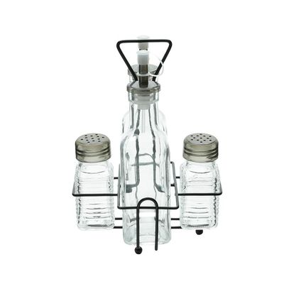 Conjunto Galheteiro de Vidro Lyor 4 Peças com Suporte de Metal Transparente