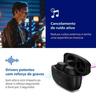 Fones de Ouvido True Wireless Philips TAT2500BK/00 Bluetooth Cancelamento de Ruído 24h Bateria Preto