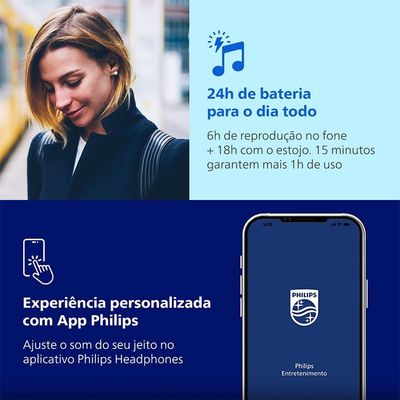 Fones de Ouvido True Wireless Philips TAT2500BK/00 Bluetooth Cancelamento de Ruído 24h Bateria Preto