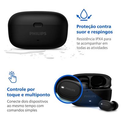 Fones de Ouvido True Wireless Philips TAT2500BK/00 Bluetooth Cancelamento de Ruído 24h Bateria Preto