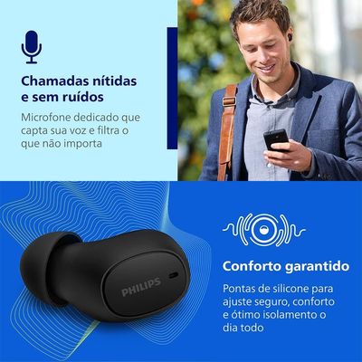 Fones de Ouvido True Wireless Philips TAT2500BK/00 Bluetooth Cancelamento de Ruído 24h Bateria Preto