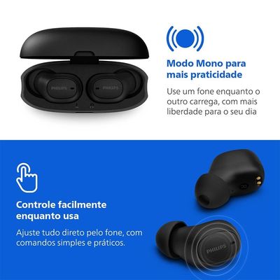 Fones de Ouvido True Wireless Philips TAT2500BK/00 Bluetooth Cancelamento de Ruído 24h Bateria Preto