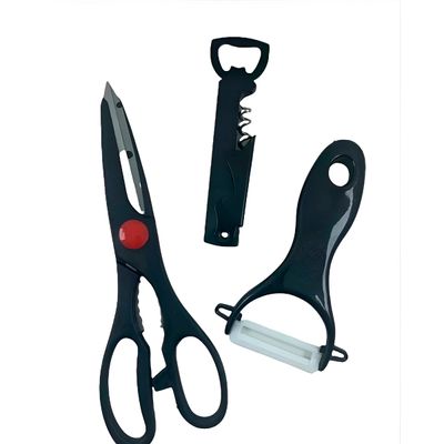 Kit de Utensílios de Cozinha 3 Peças – Tesoura, Descascador e Abridor | Praticidade e Elegância